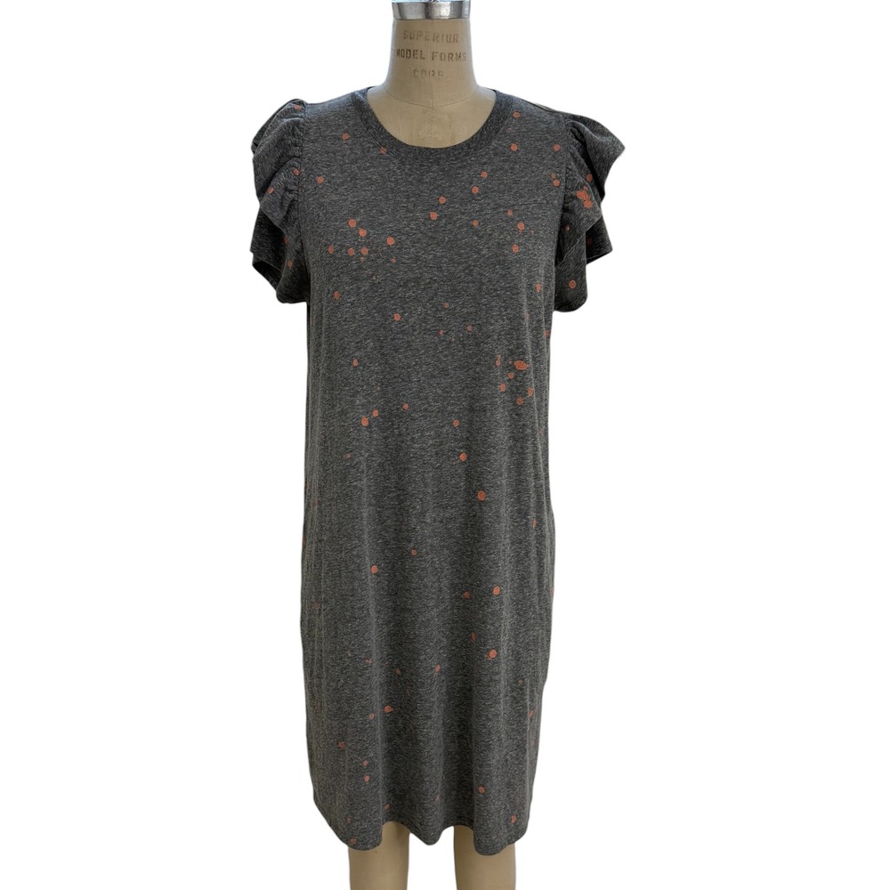 Clare V Charlotte Ruffle Sleeve T Shirt Dress Size L Dot Gray Ruffle Sleeve Logo